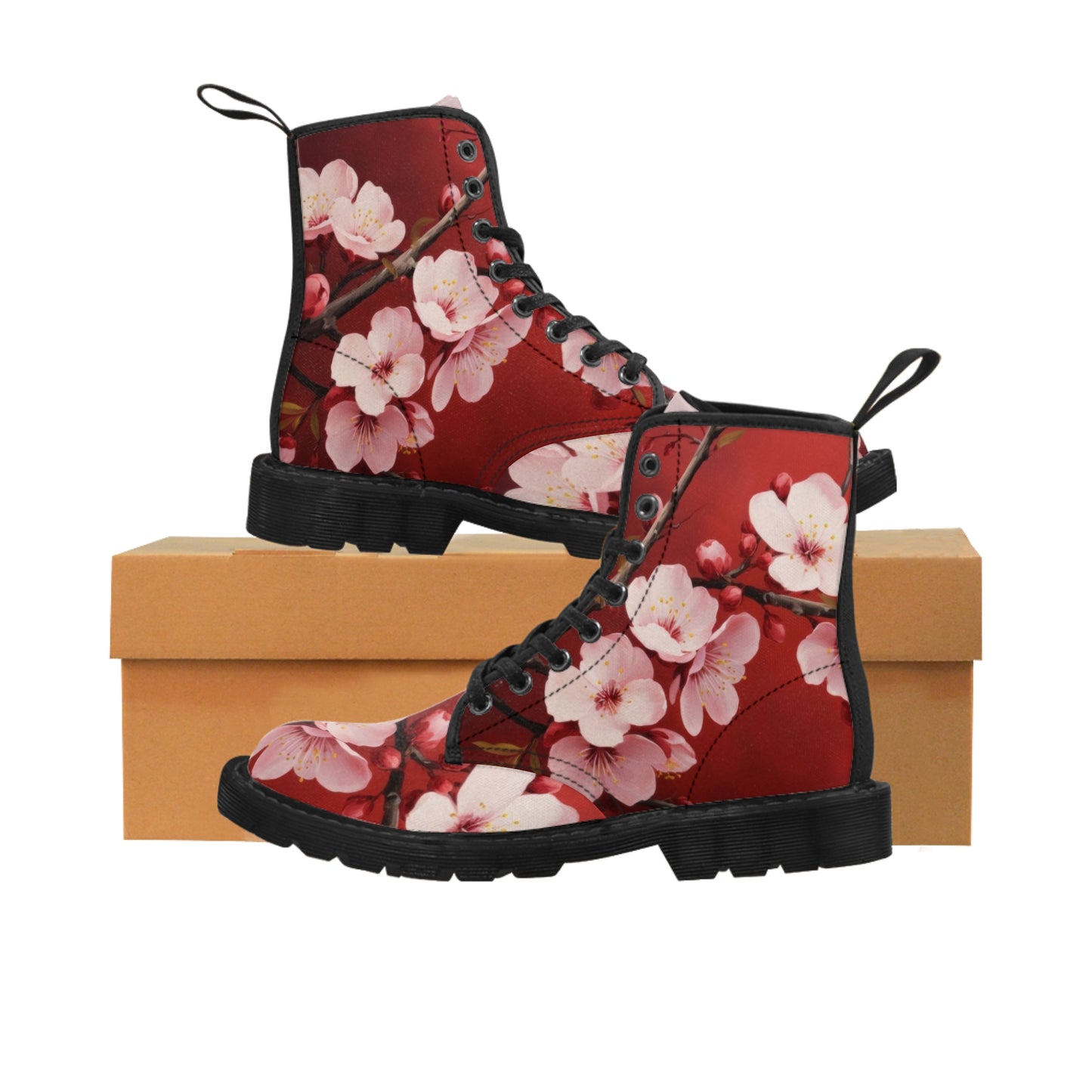 Red Pink Flowers Women's Canvas Boots