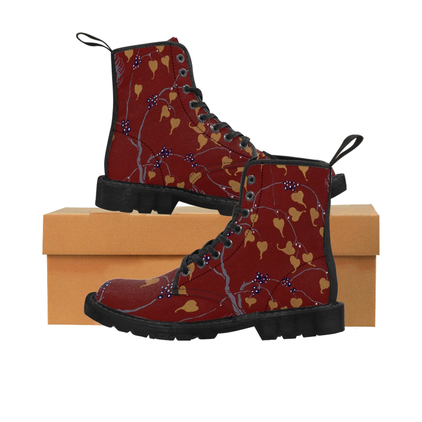 Red Painted Yellow flowers Women's Canvas Boots