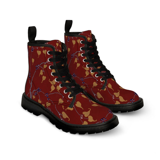 Red Painted Yellow flowers Women's Canvas Boots