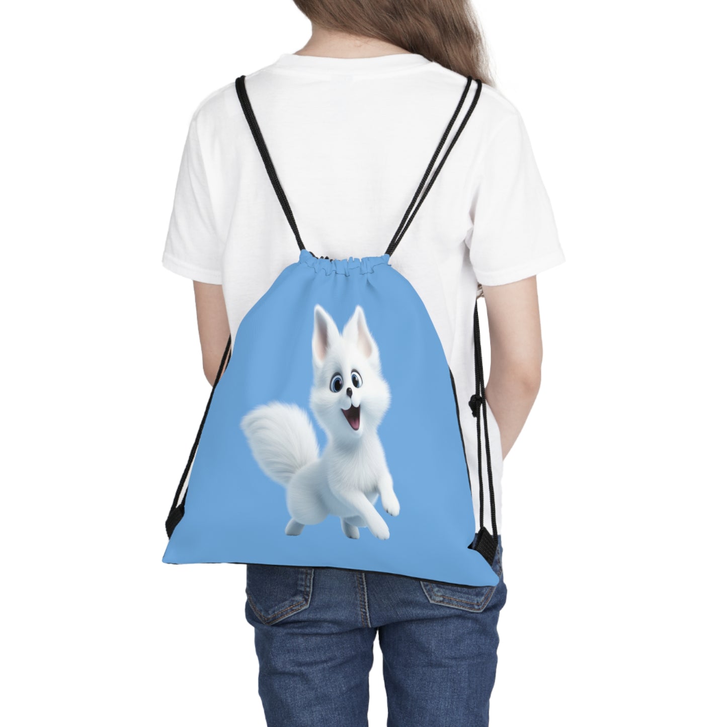 Happy White Little Fox Outdoor Drawstring Bag